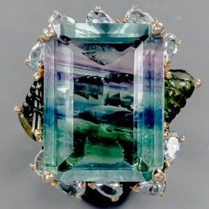 RING AAA Bi-Color 45 CT Natural Flourite, carved Tourmaline & Topaz accents 925